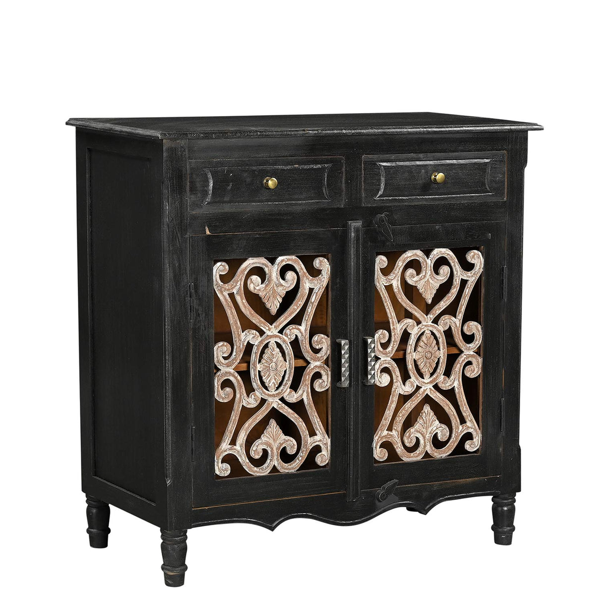 Farmhouse Style Rustic Iron Grill Solid Wood Cabinet With Drawers