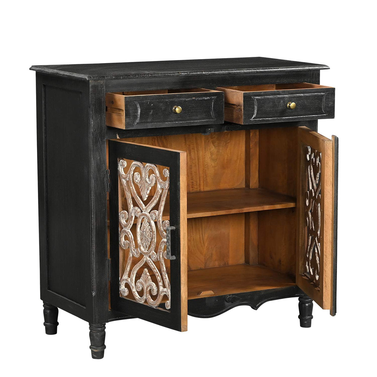 Farmhouse Style Rustic Iron Grill Solid Wood Cabinet With Drawers