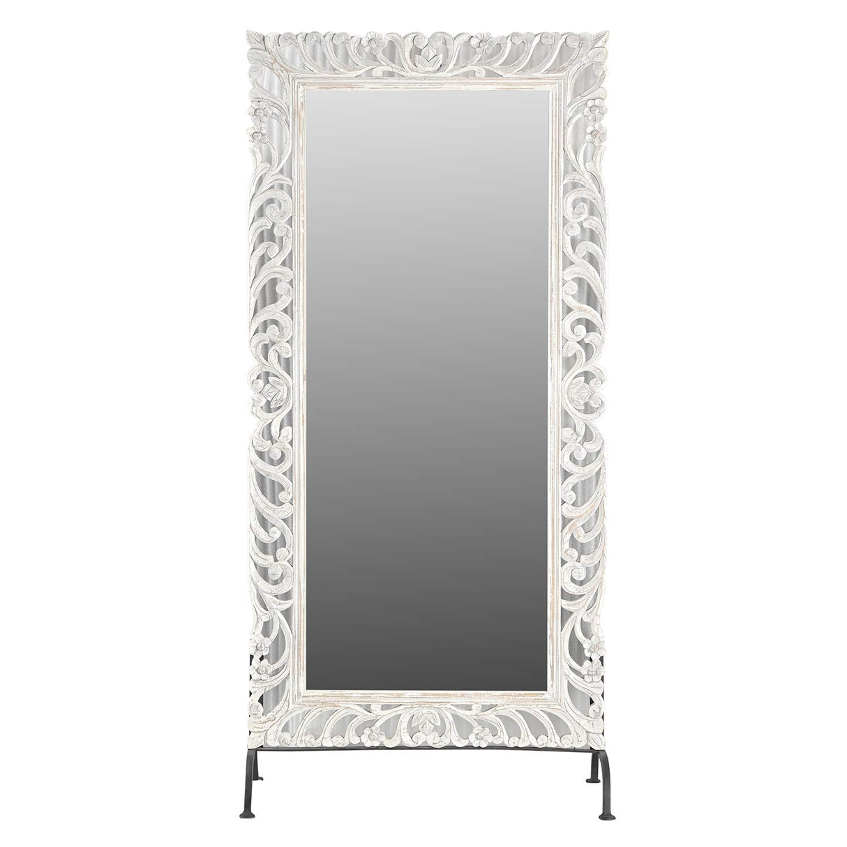 Farmhouse Style Wooden Carved Lattice Distressed White 84 in. Tall Mirror On Stand