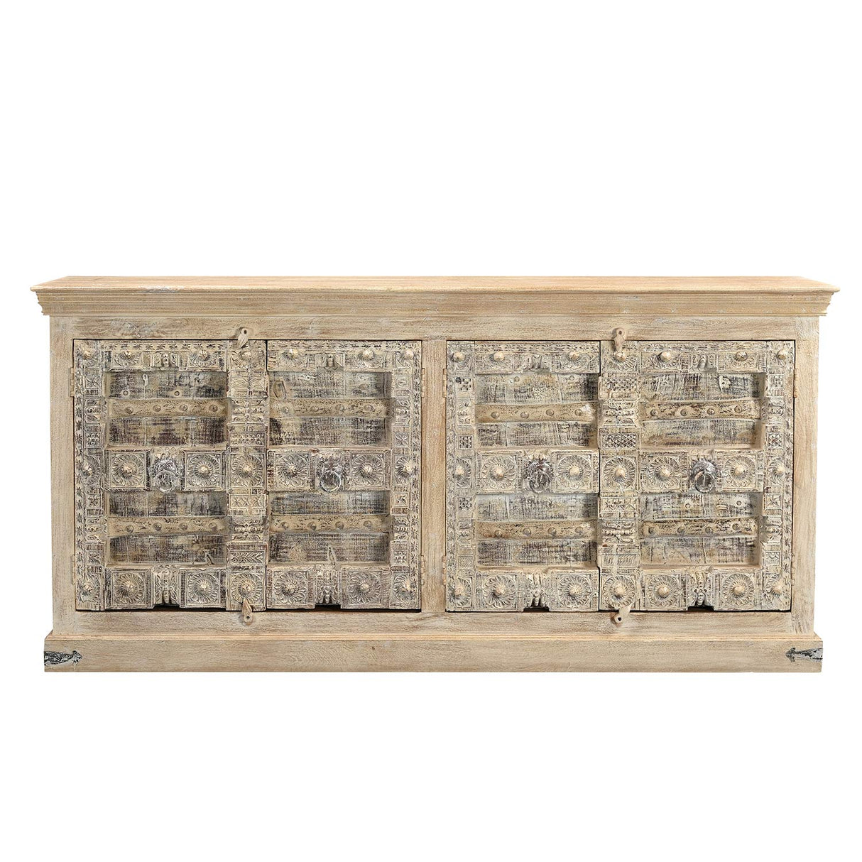 Antique Lotus Carved Doors Upcycled 85 in. Long Solid Wood Sideboard