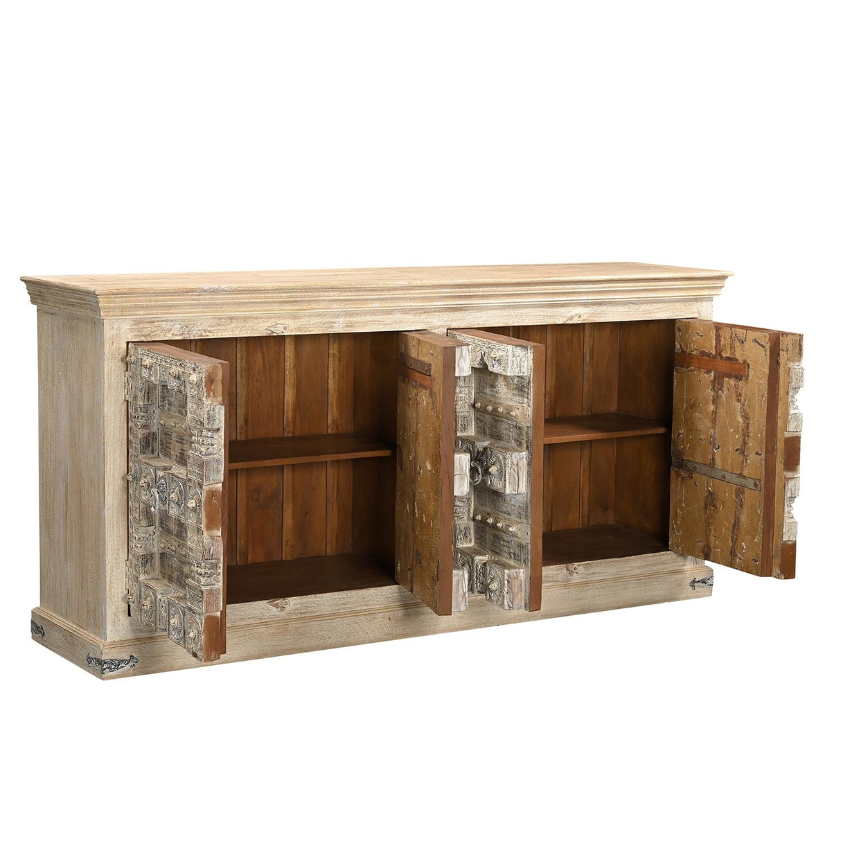 Antique Lotus Carved Doors Upcycled 85 in. Long Solid Wood Sideboard