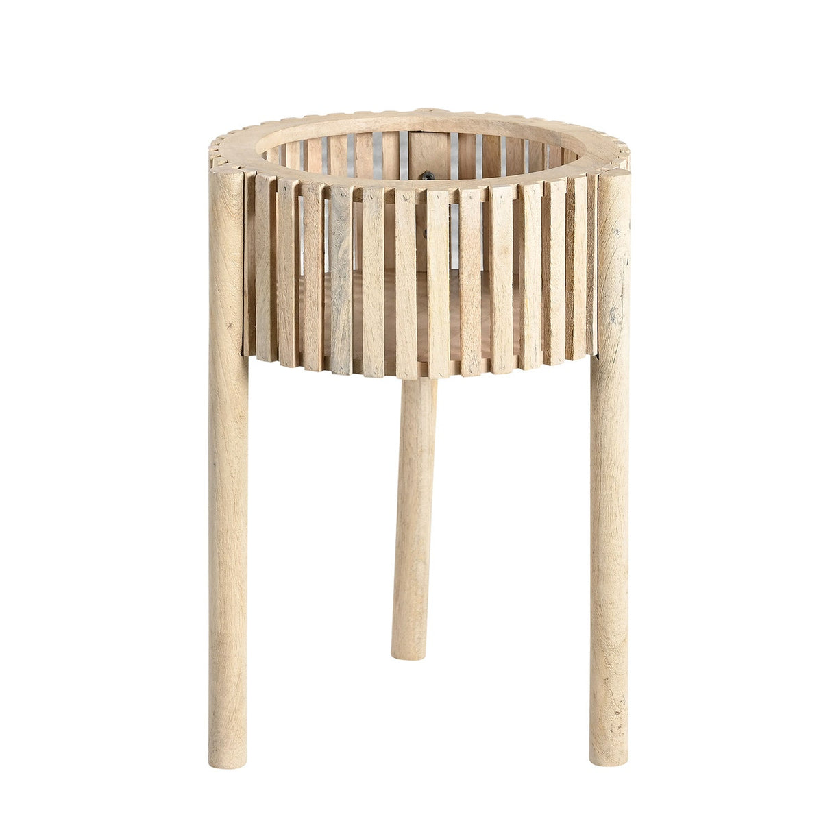 Mid Century Modern 16 in. Round Solid Wood Slatted Planter