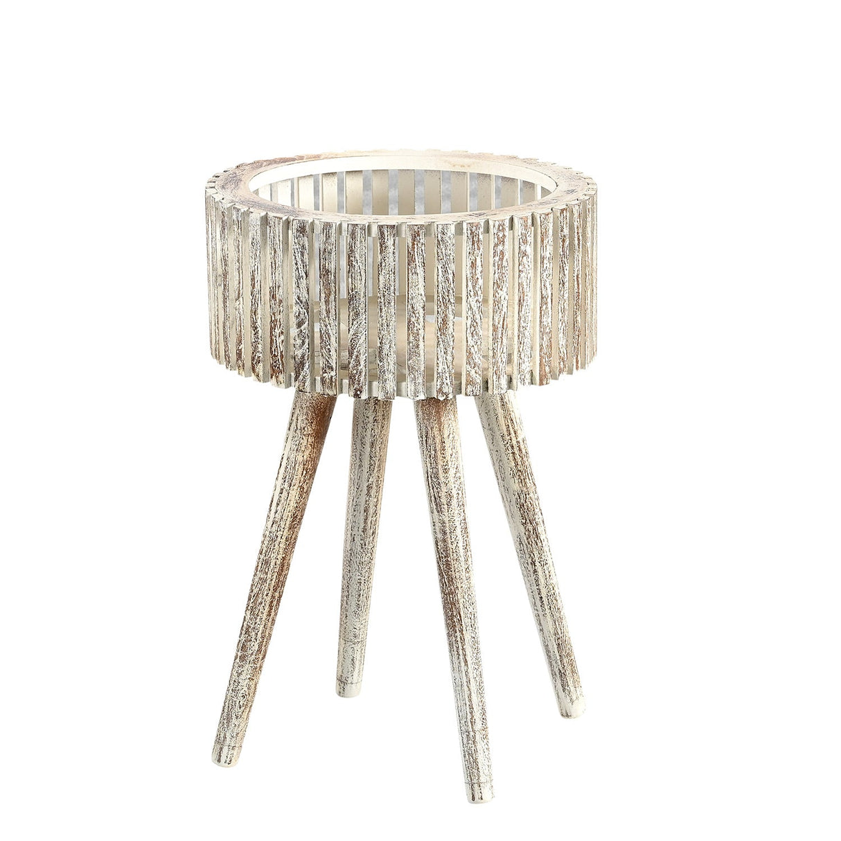 Mid Century Modern 16 in. Round Solid Wood Slatted Planter