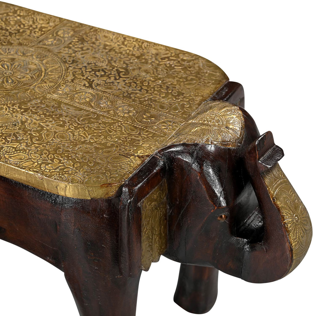Eclectic Wooden Elephant Bench With Hammered Brass Foil Accents- Set of 2