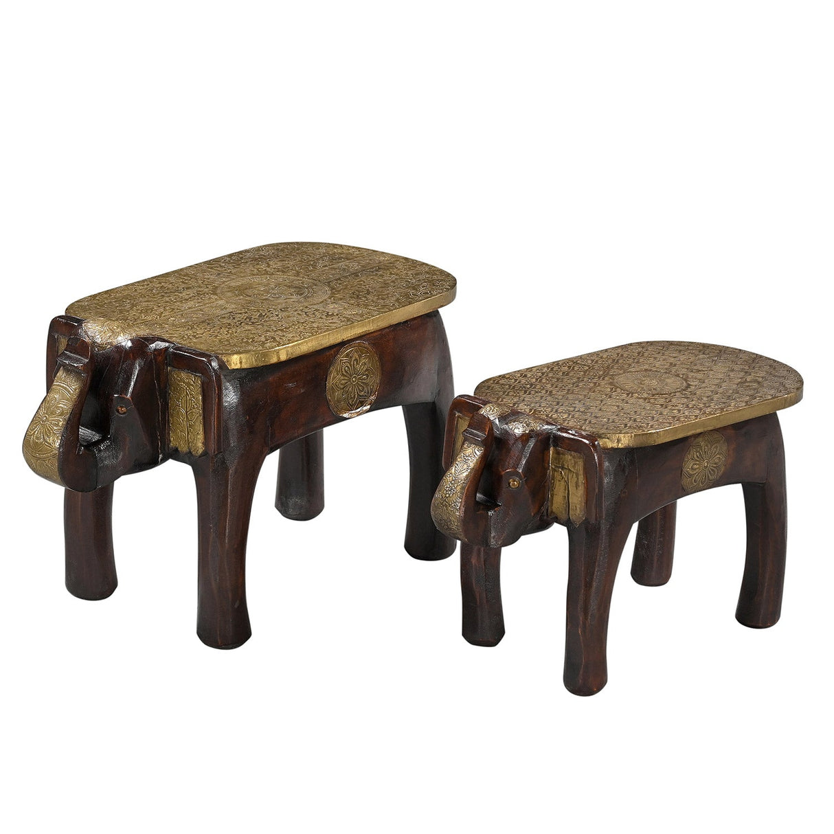 Eclectic Wooden Elephant Bench With Hammered Brass Foil Accents- Set of 2
