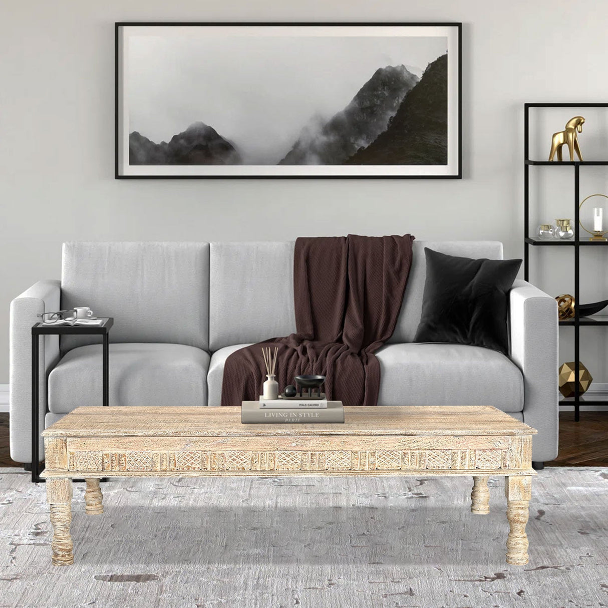 Farmhouse Style 71 in. Long Solid Wood Coffee Table In Distressed White Finish