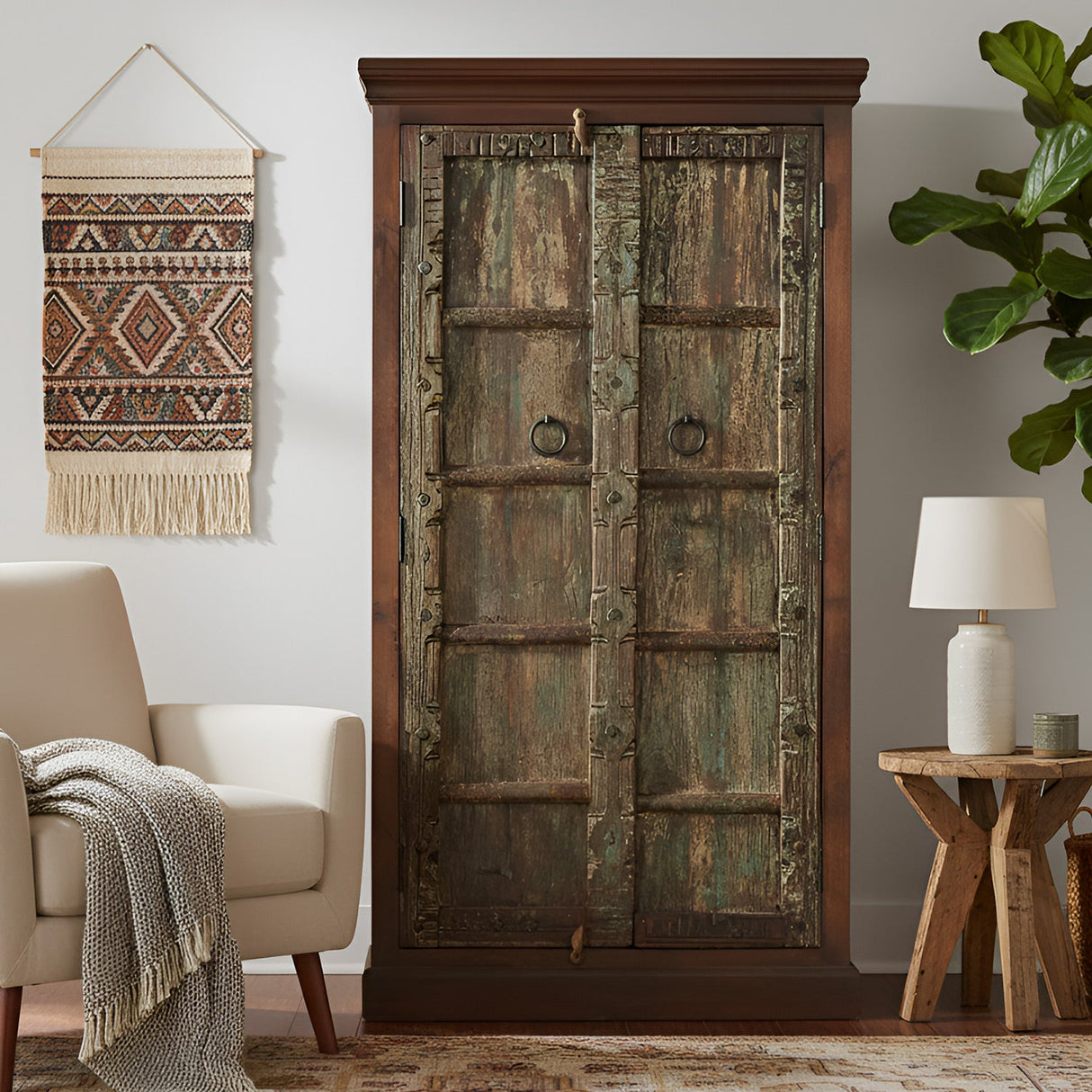 Distressed Blue Teak Wood Antique Door Repurposed 67 in. Tall Bedroom Armoire