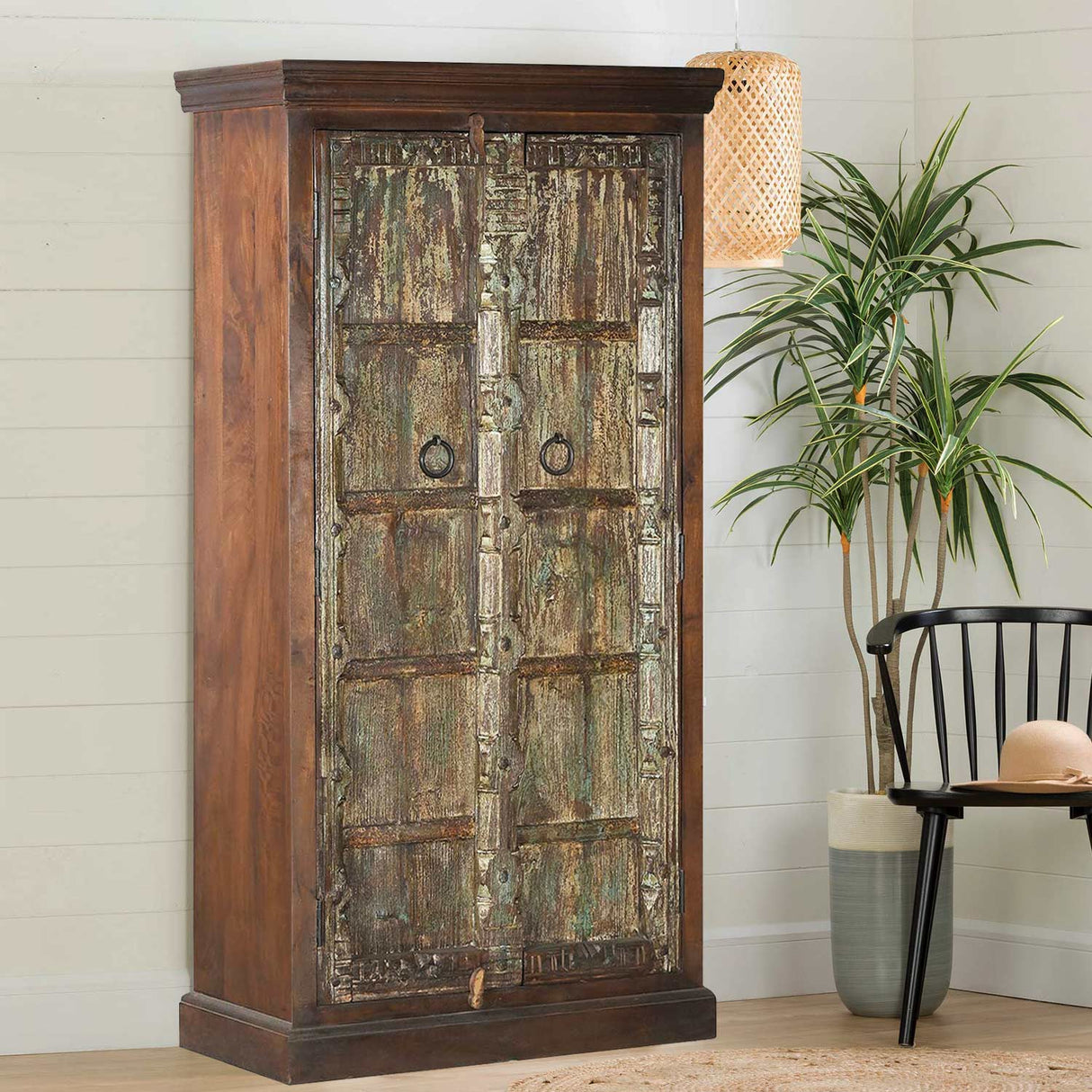 Distressed Blue Teak Wood Antique Door Repurposed 67 in. Tall Bedroom Armoire