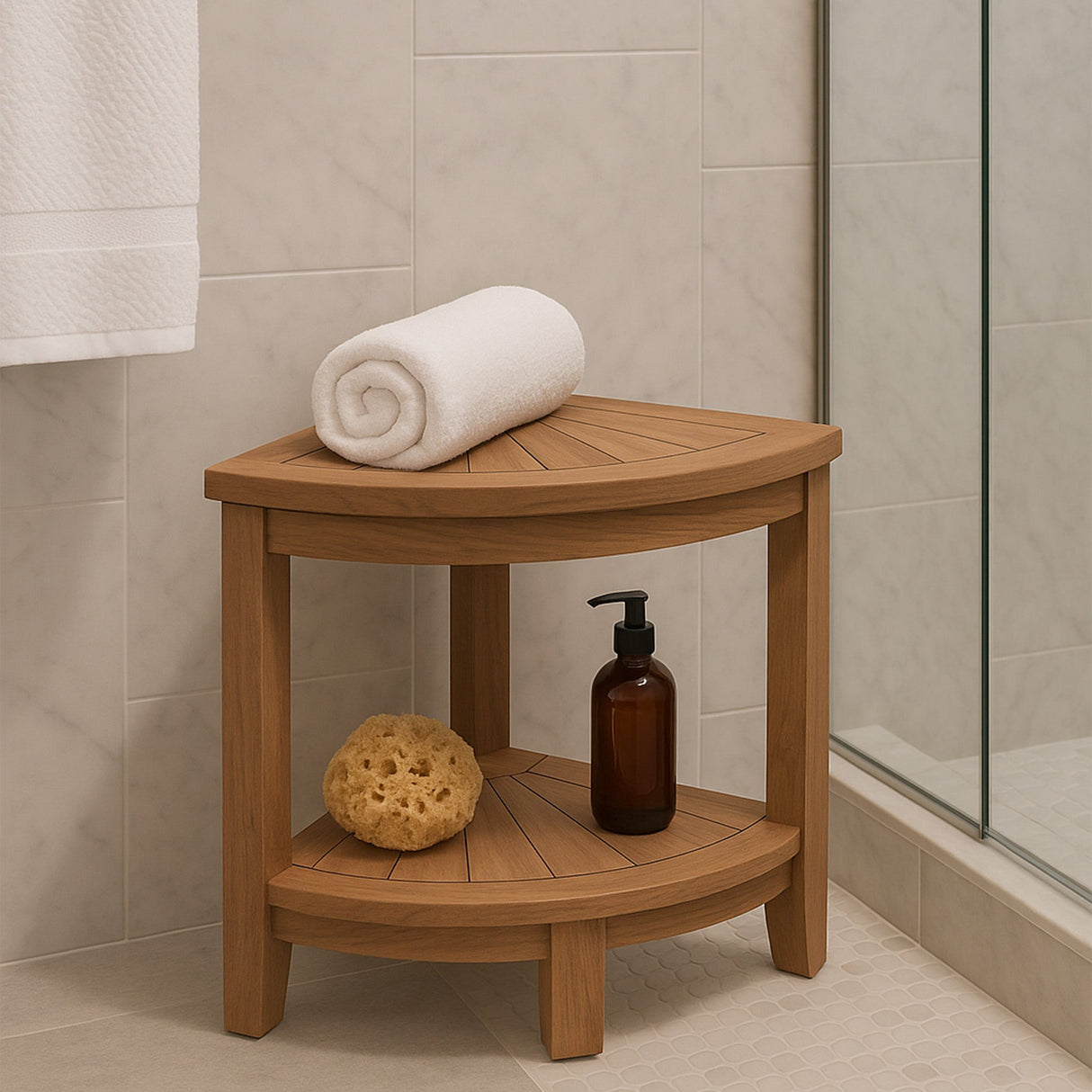 Stanley Natural Teak Shower and Bath Corner Stool with Shelf - 15.7"