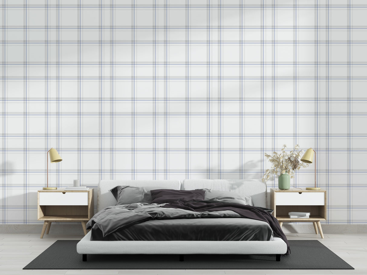 Minimalist Blue and White Plaid Wallpaper