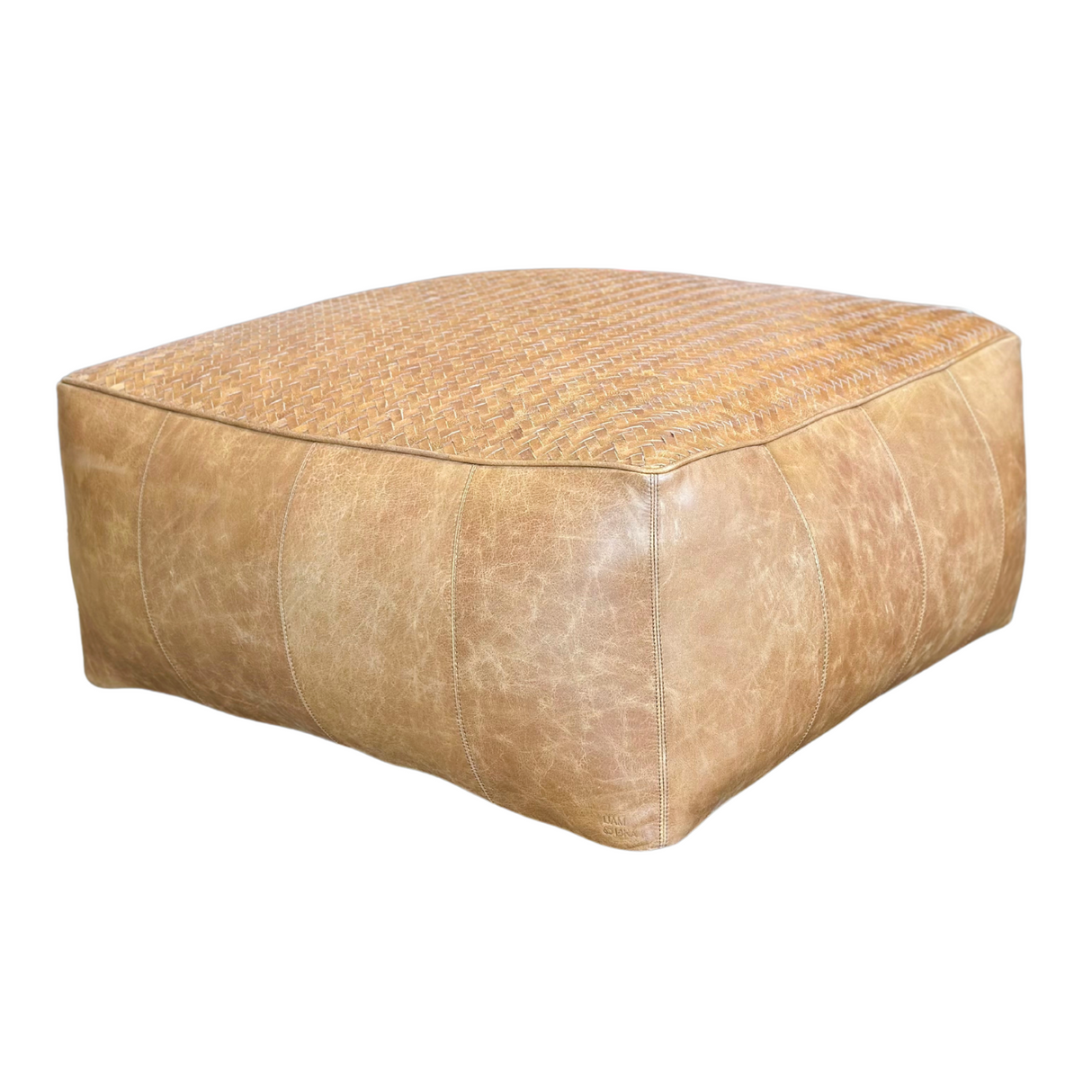 Top Handwoven Leather Pouf - Tan