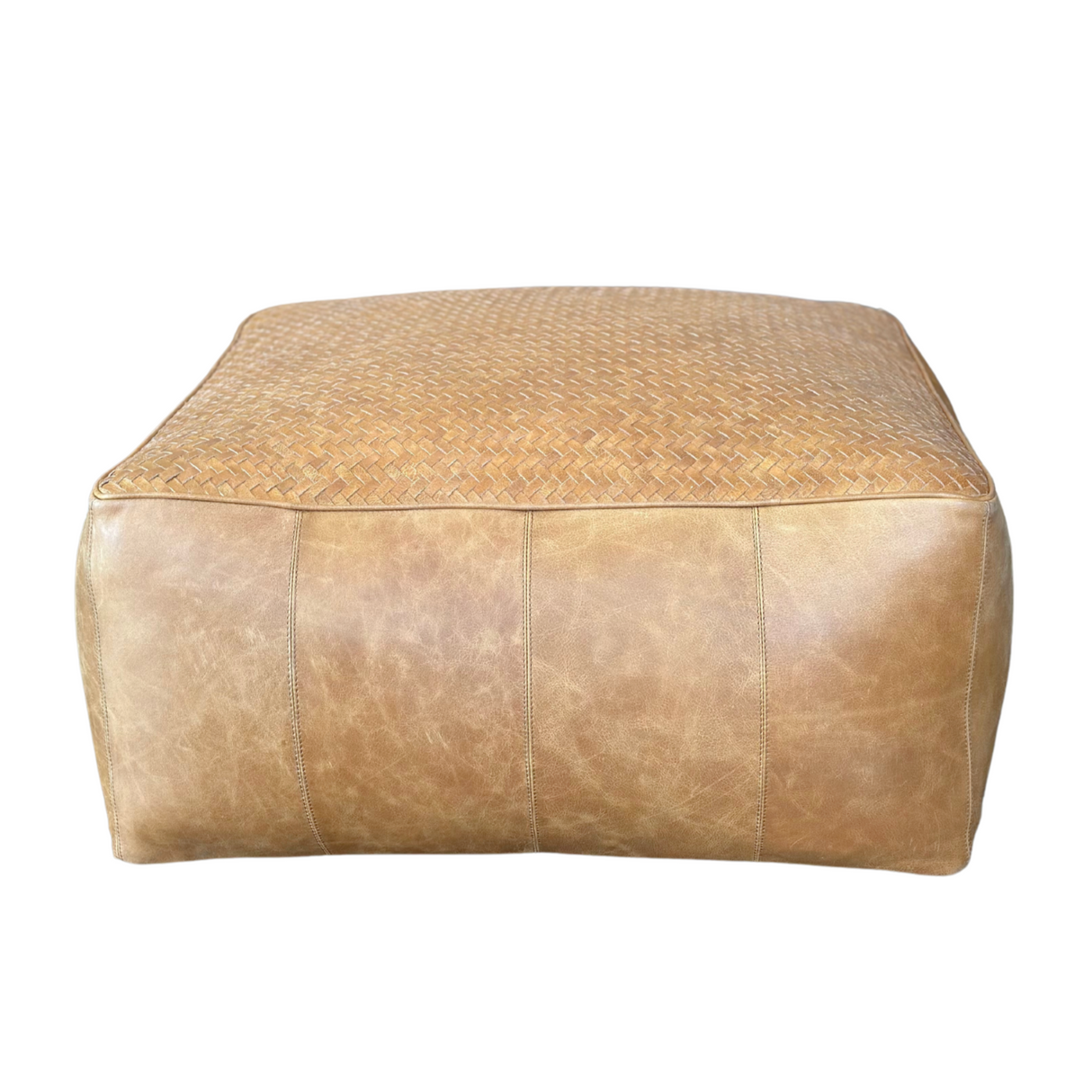Top Handwoven Leather Pouf - Tan