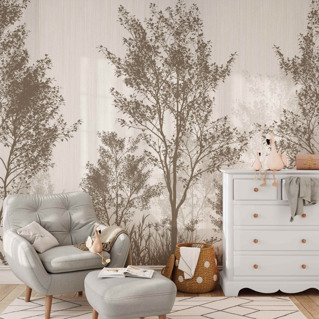 Elegant Forest Wallpaper Mural - Birch and Willow Trees in Neutral Tones