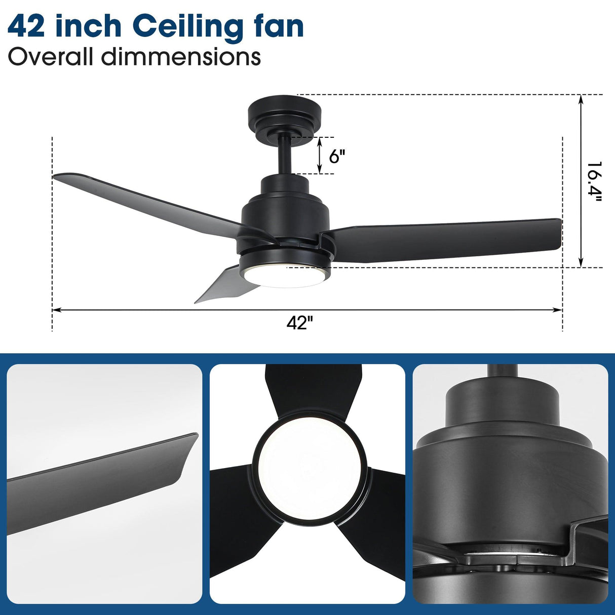 Vaczon 42 Inch DC Motor Modern Downrod Ceiling Fan with LED Light and Remote Control