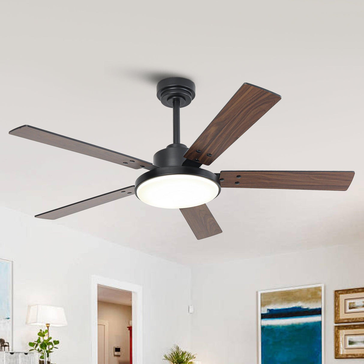 Vaczon 52 Inch 5 Blades DC Motor Modern Downrod Ceiling Fan with LED Light and Remote Control