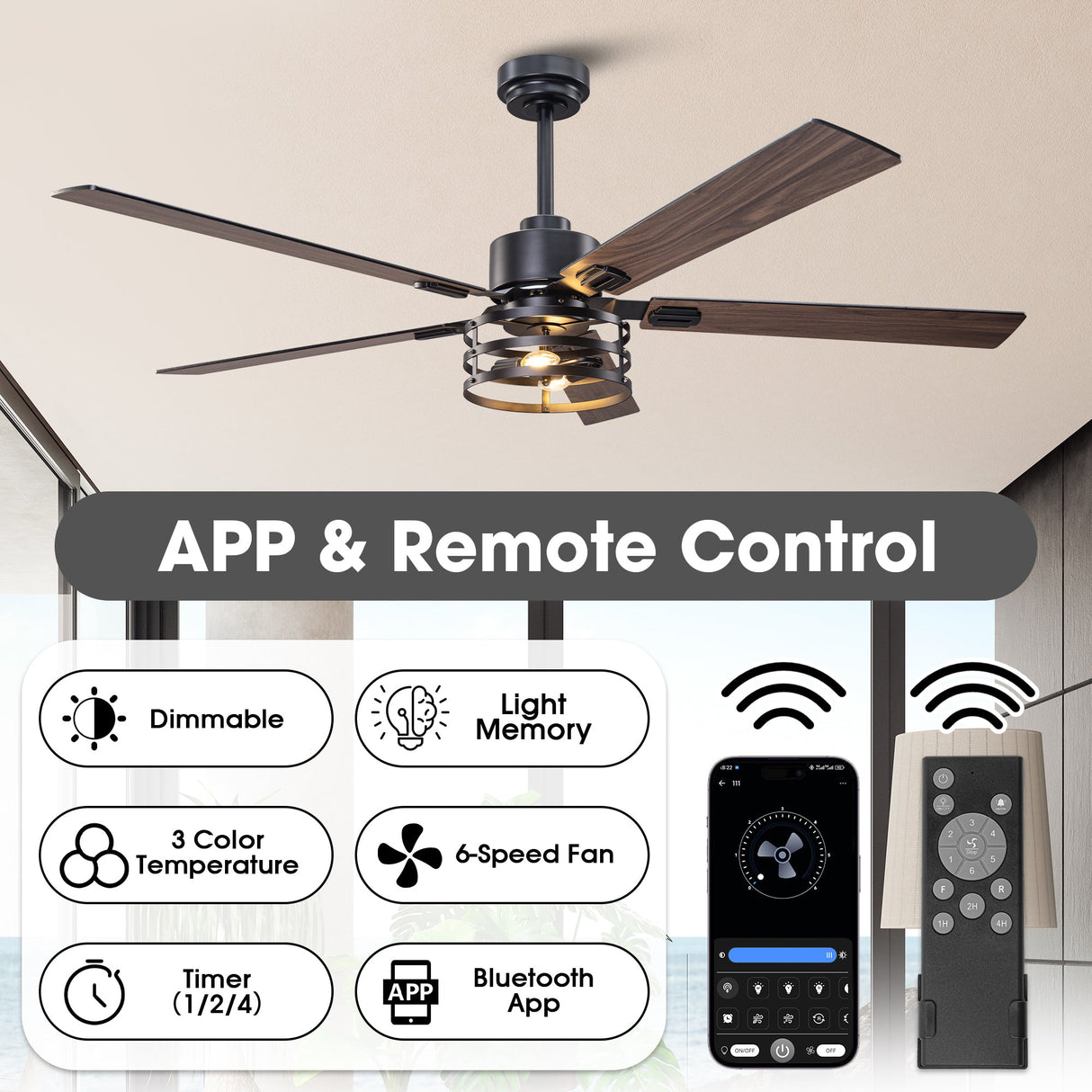 Vaczon 52 Inch 60 Inch Industrial Downrod Ceiling Fan with Light and APP & Remote Control