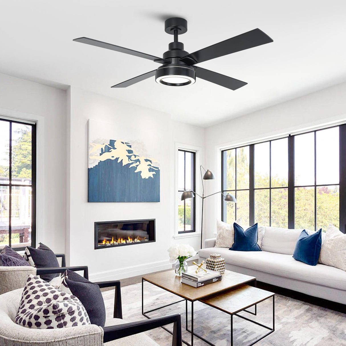 Vaczon 52 Inch 4 Blades DC Motor Modern Downrod Ceiling Fan with LED Light and Remote Control