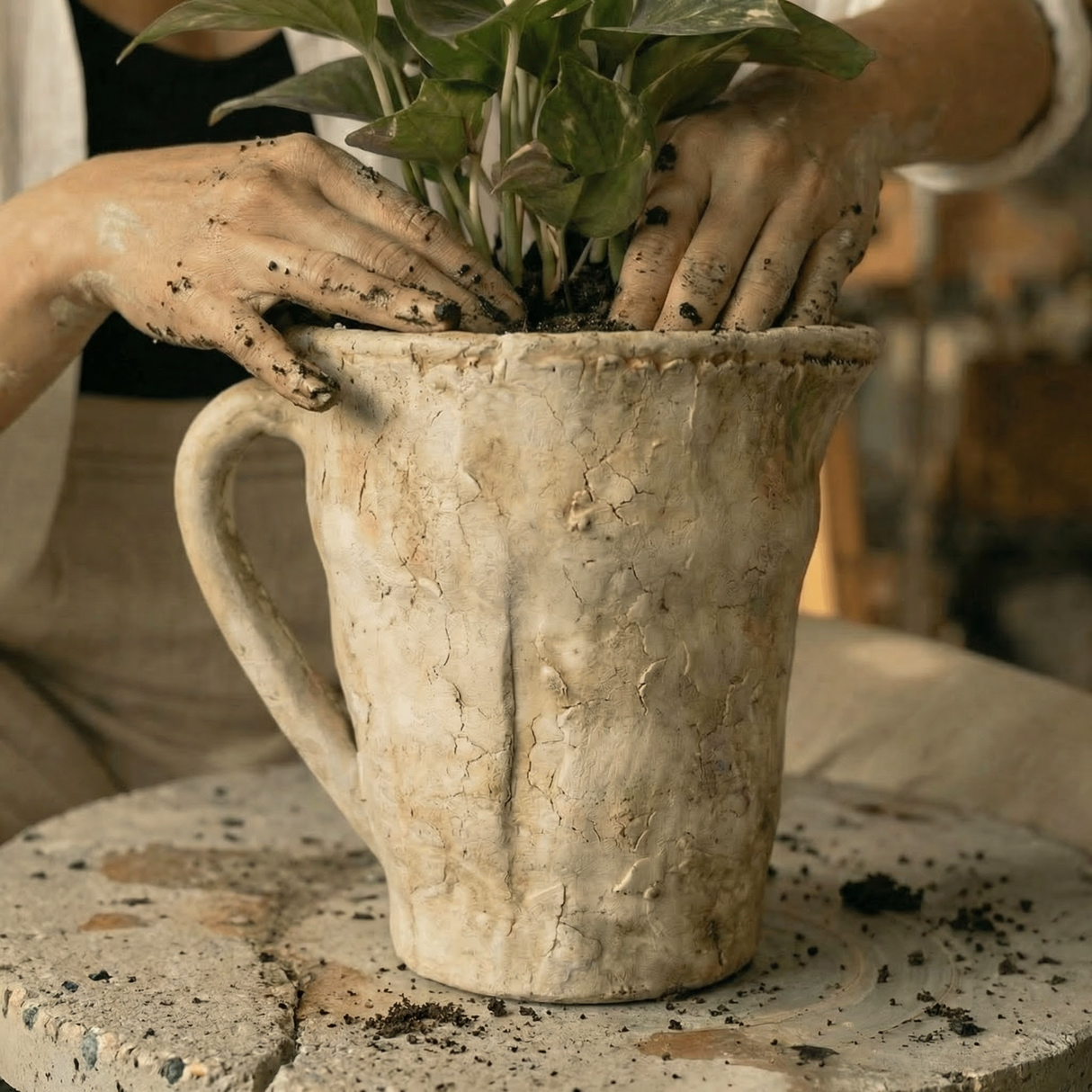 Valencia Carafe-Style Cement Planter, Hand-Painted in Aged White, 8.5"D x 7"H