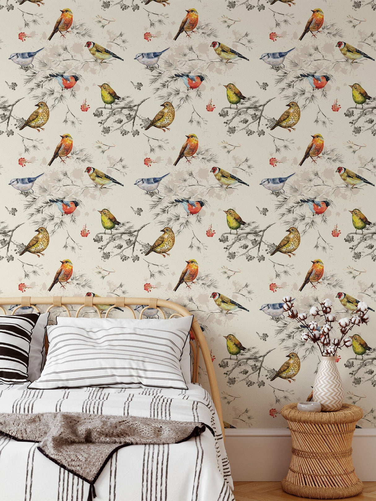 Vintage Birds Pattern Wallpaper - Peel and Stick Nature Inspired Wallpaper