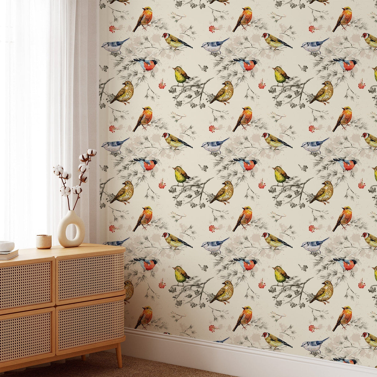 Vintage Birds Pattern Wallpaper - Peel and Stick Nature Inspired Wallpaper