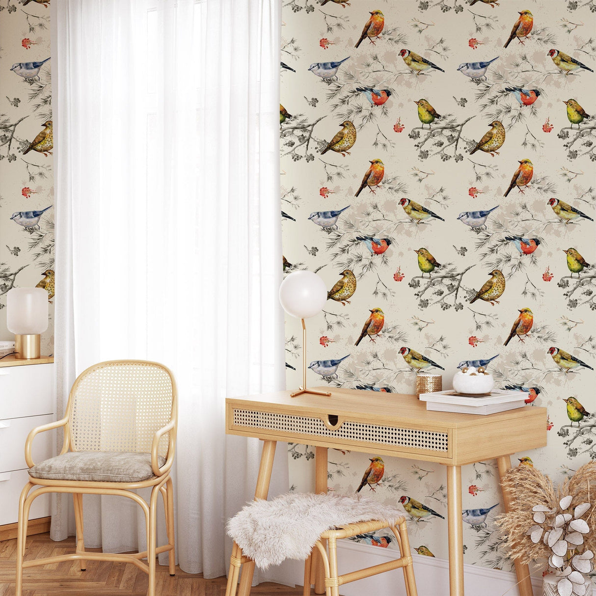Vintage Birds Pattern Wallpaper - Peel and Stick Nature Inspired Wallpaper