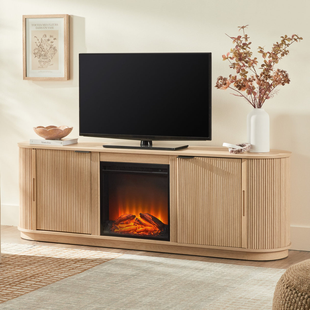 Chloe Modern Scandinavian Reeded Fireplace TV Stand in 2 Sizes