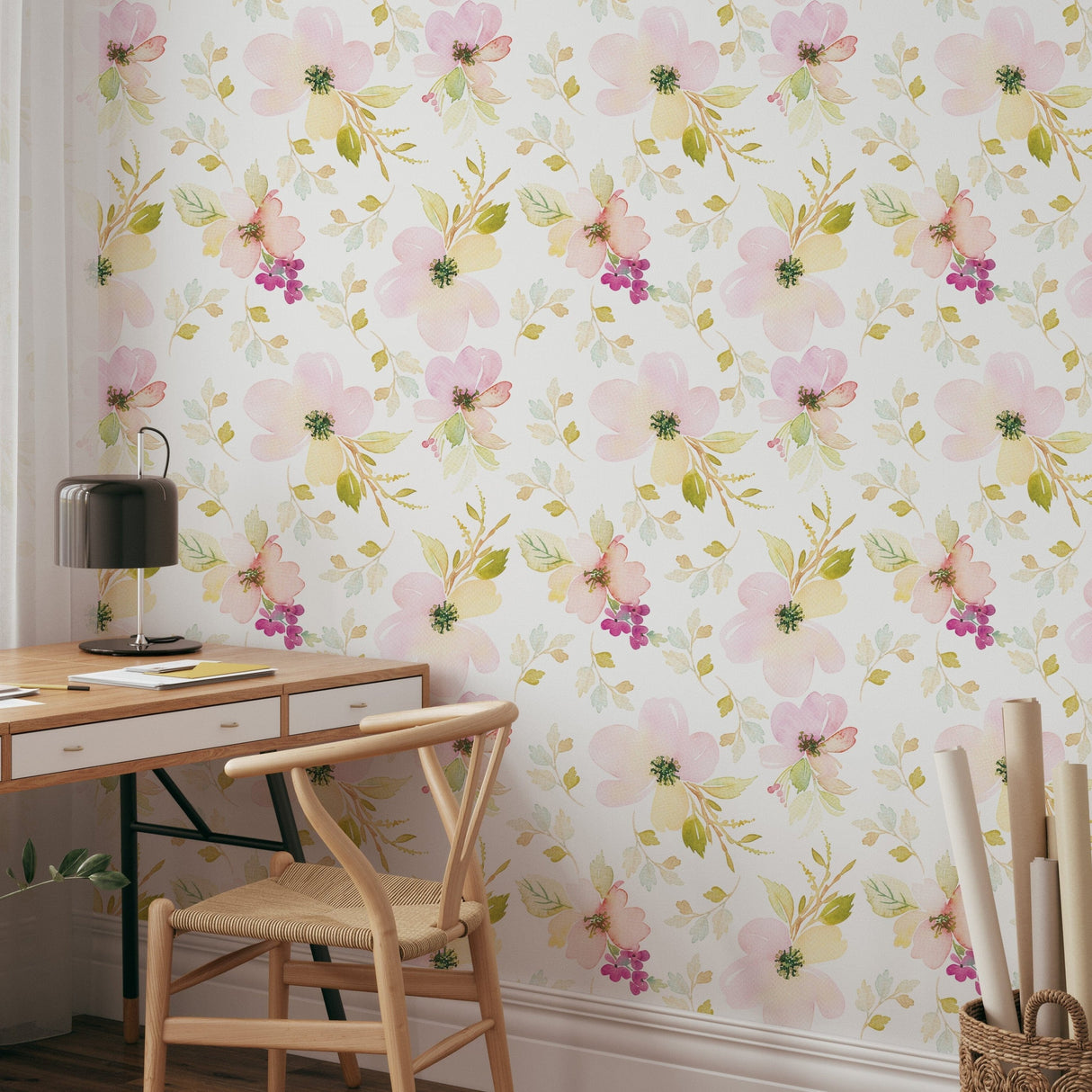 Watercolor Gentle Pink Flowers Pattern Large Scale Wallpaper