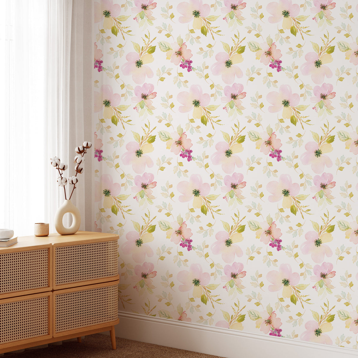 Watercolor Gentle Pink Flowers Pattern Large Scale Wallpaper