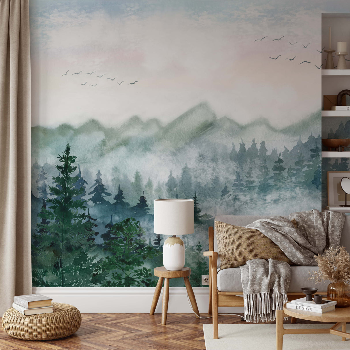 Watercolor Forest Mural Peel and Stick Wallpaper - Serene Green Mountain Landscape