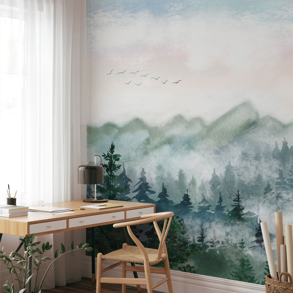 Watercolor Forest Mural Peel and Stick Wallpaper - Serene Green Mountain Landscape