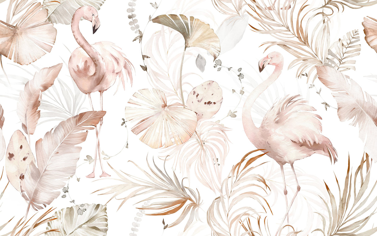 Watercolor Boho Pink Flamingo Wallpaper | Tropical Leaves Background