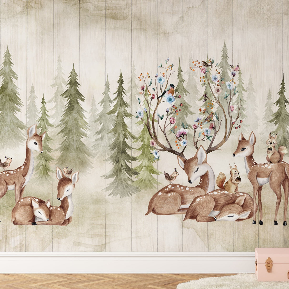 Woodland Deer and Forest Wallpaper - Peel and Stick Kids Wall Mural