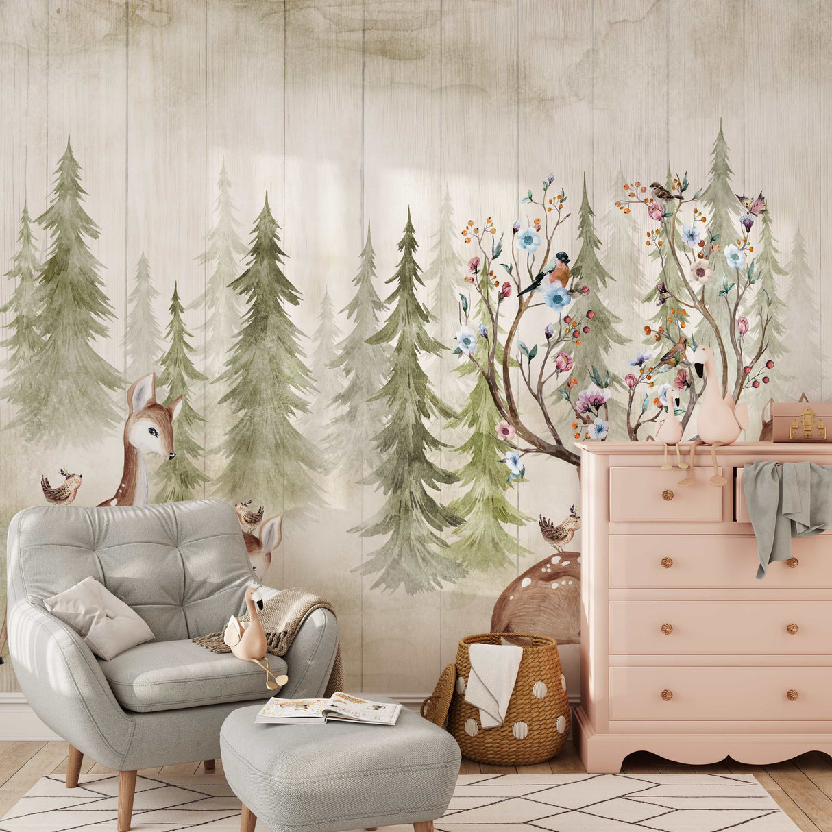 Woodland Deer and Forest Wallpaper - Peel and Stick Kids Wall Mural