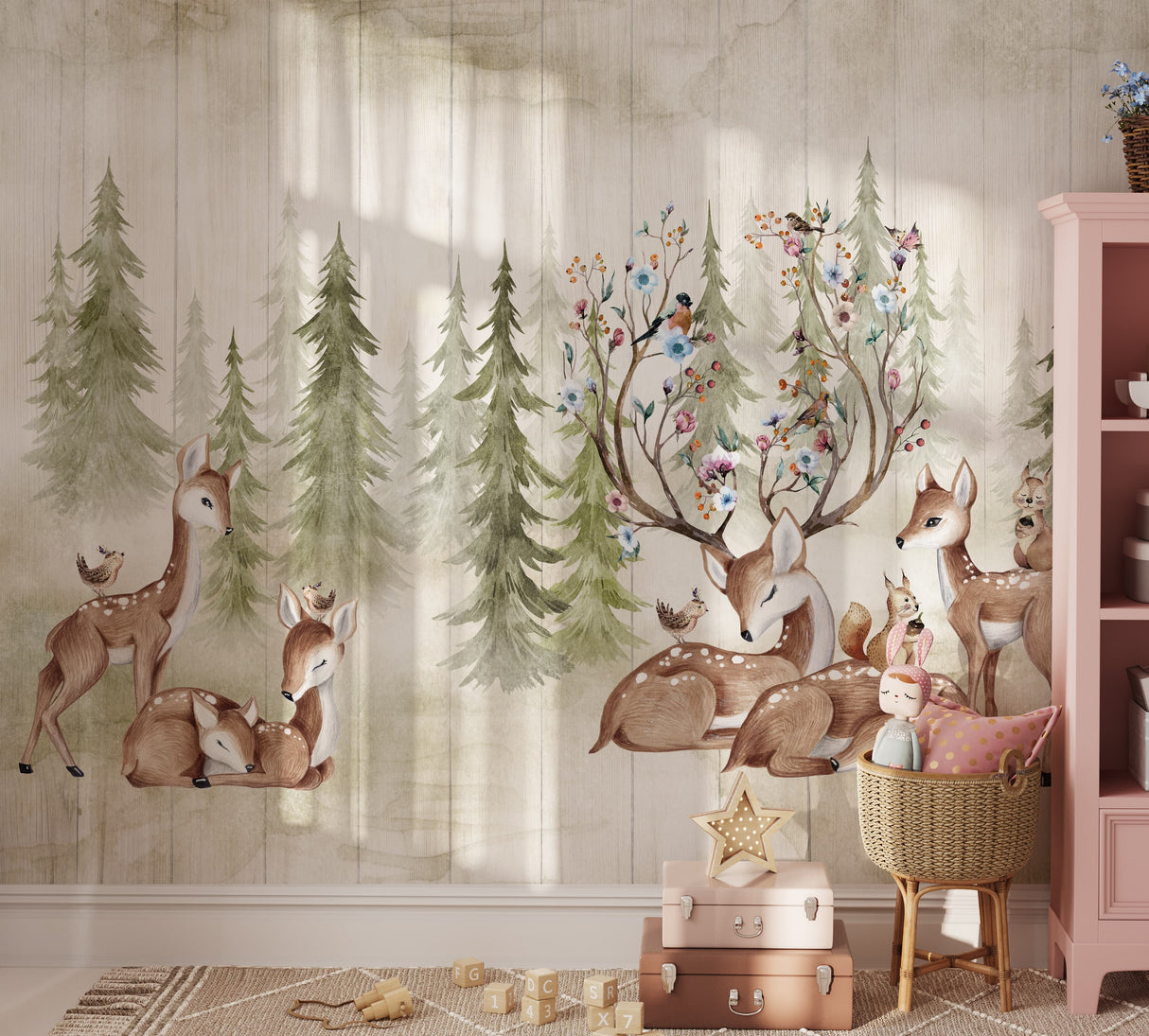 Woodland Deer and Forest Wallpaper - Peel and Stick Kids Wall Mural