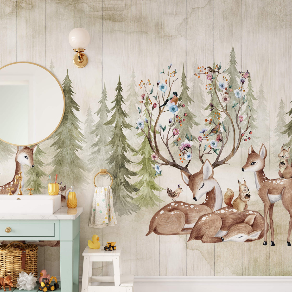 Woodland Deer and Forest Wallpaper - Peel and Stick Kids Wall Mural