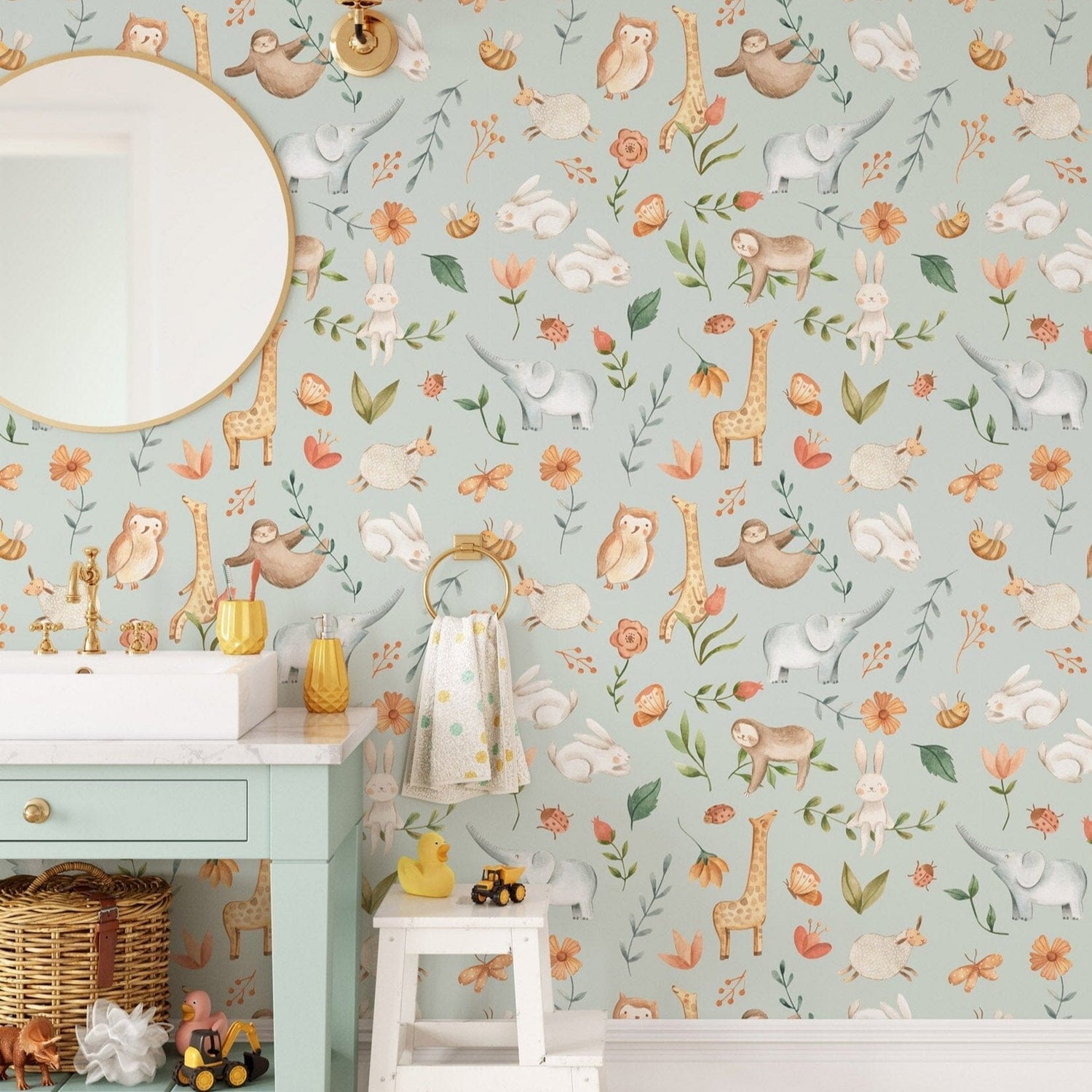 Animal Adventure Nursery Wallpaper - Featuring Rabbits, Giraffes, Elephants & More