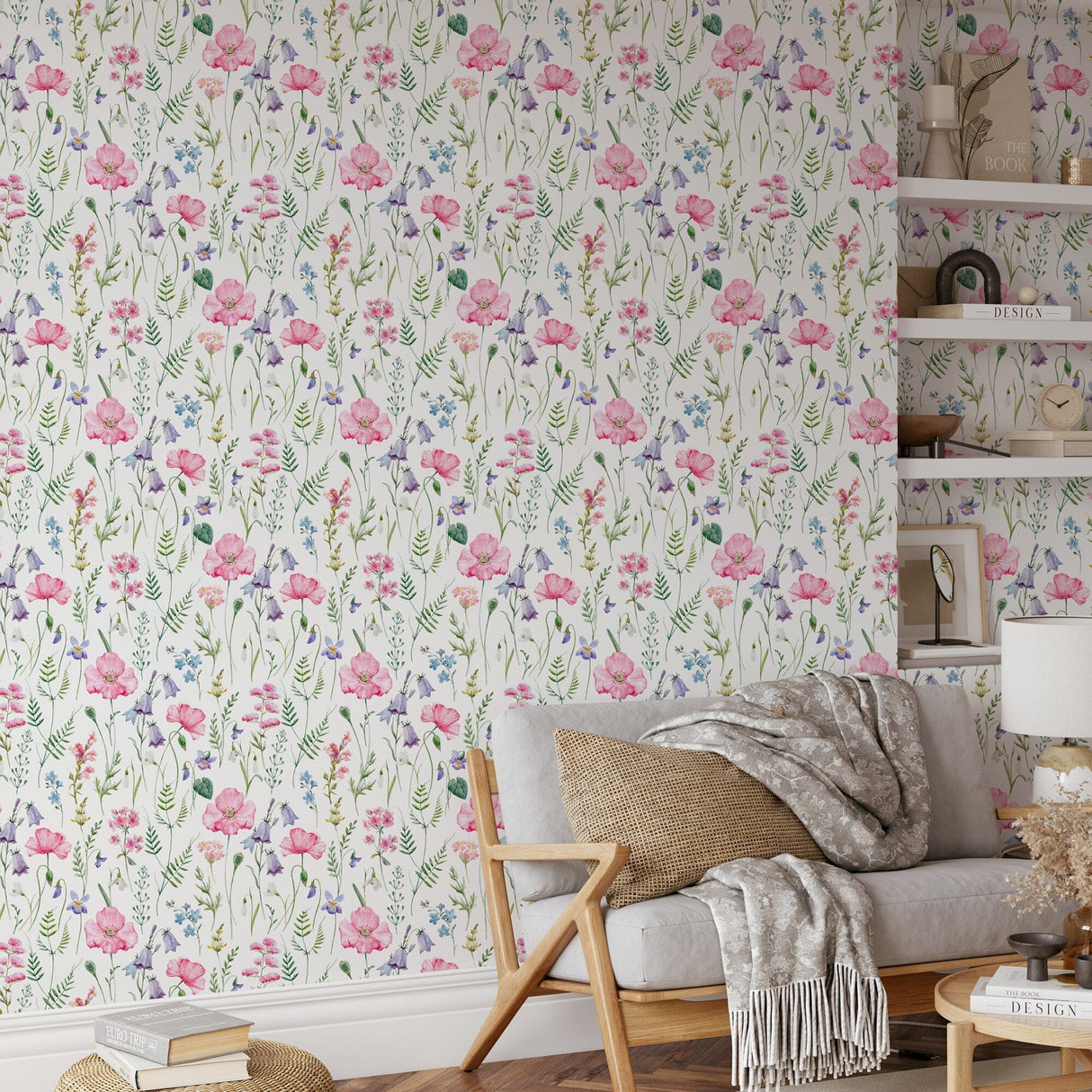 Pink Poppy Snowdrop Flowers Wallpaper Peel and Stick