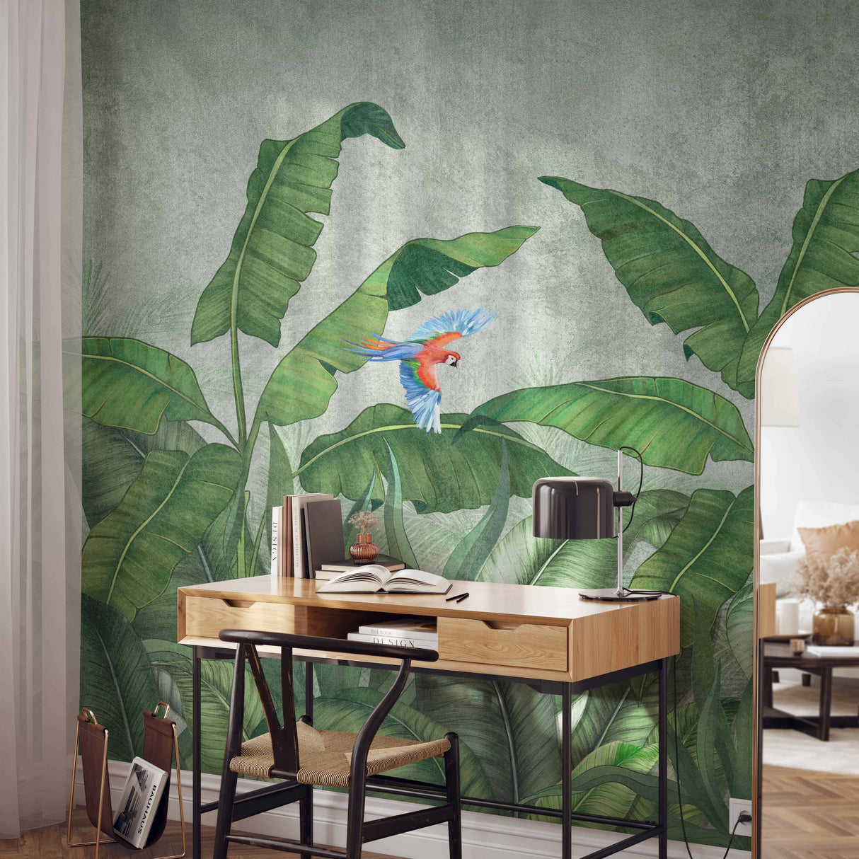 Tropical Paradise Jungle Wallpaper Mural with Parrots