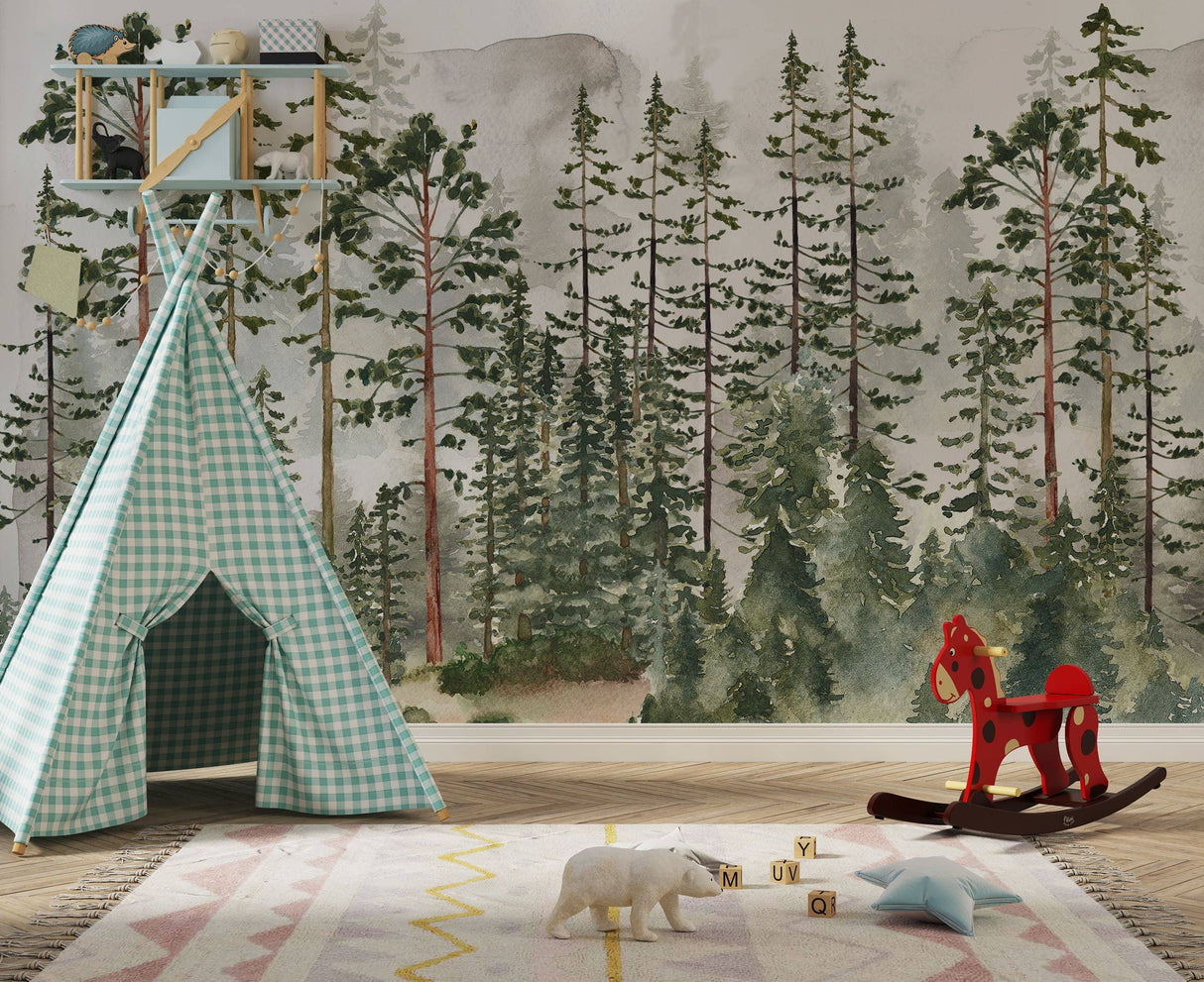 Pine Tree Forest Wallpaper | Watercolor Forest Wall Mural