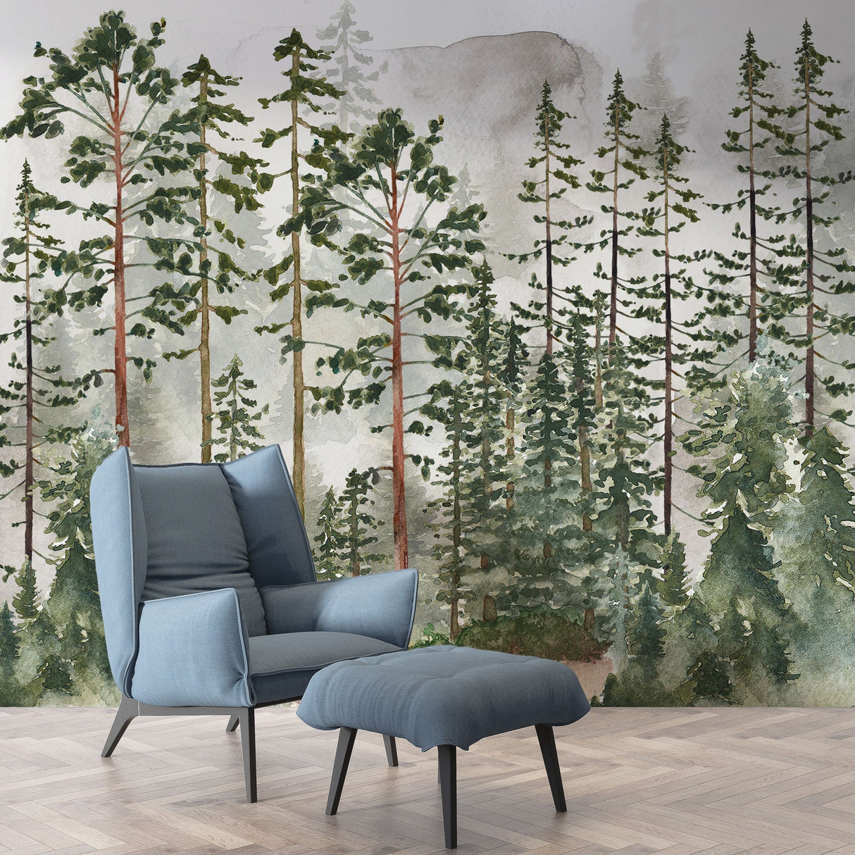 Pine Tree Forest Wallpaper | Watercolor Forest Wall Mural