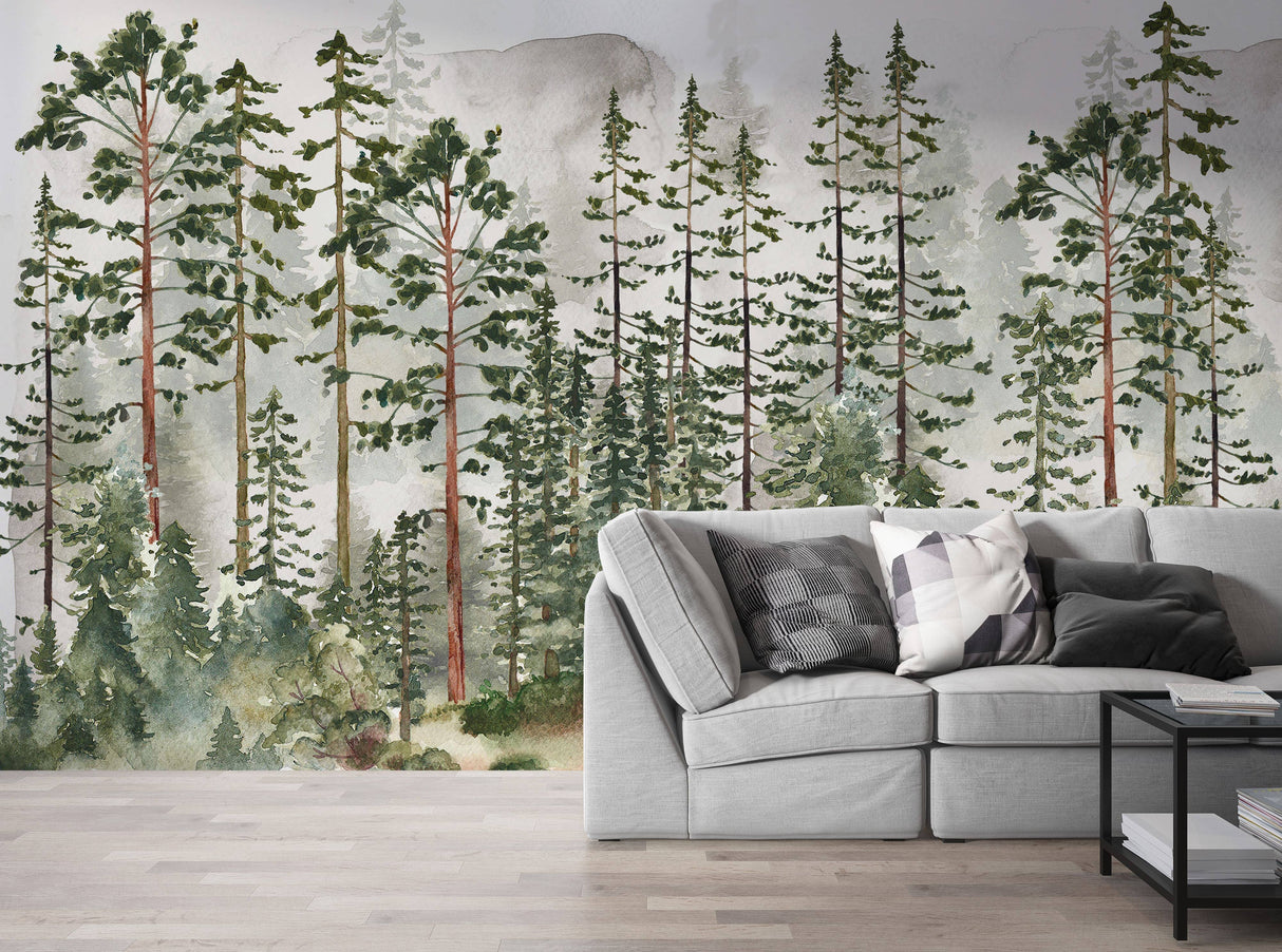 Pine Tree Forest Wallpaper | Watercolor Forest Wall Mural