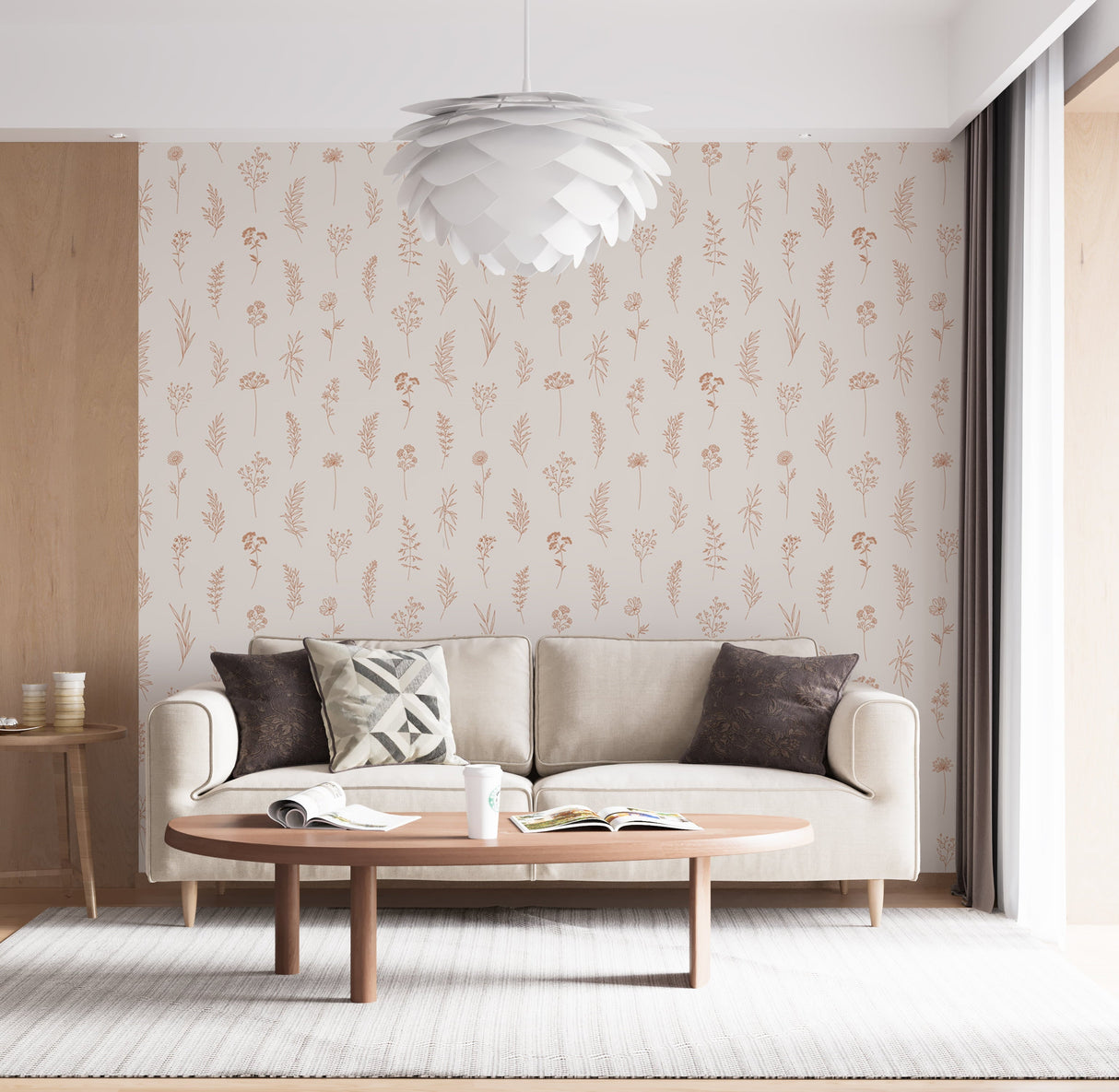 Modern Botanical Wallpaper Peel and Stick - Thin Line Wildflowers