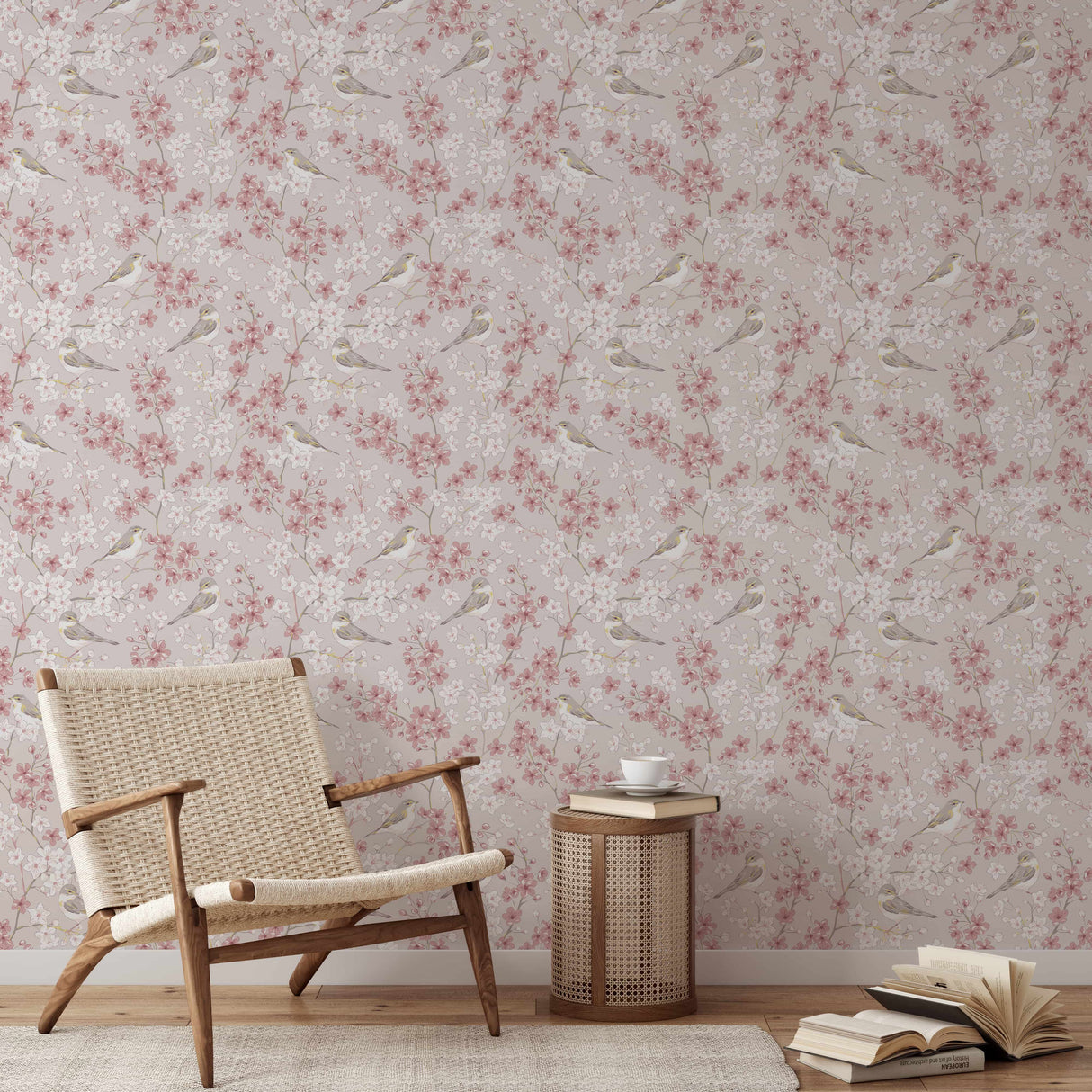 Cherry Blossom Wallpaper with Willow Warbler Birds