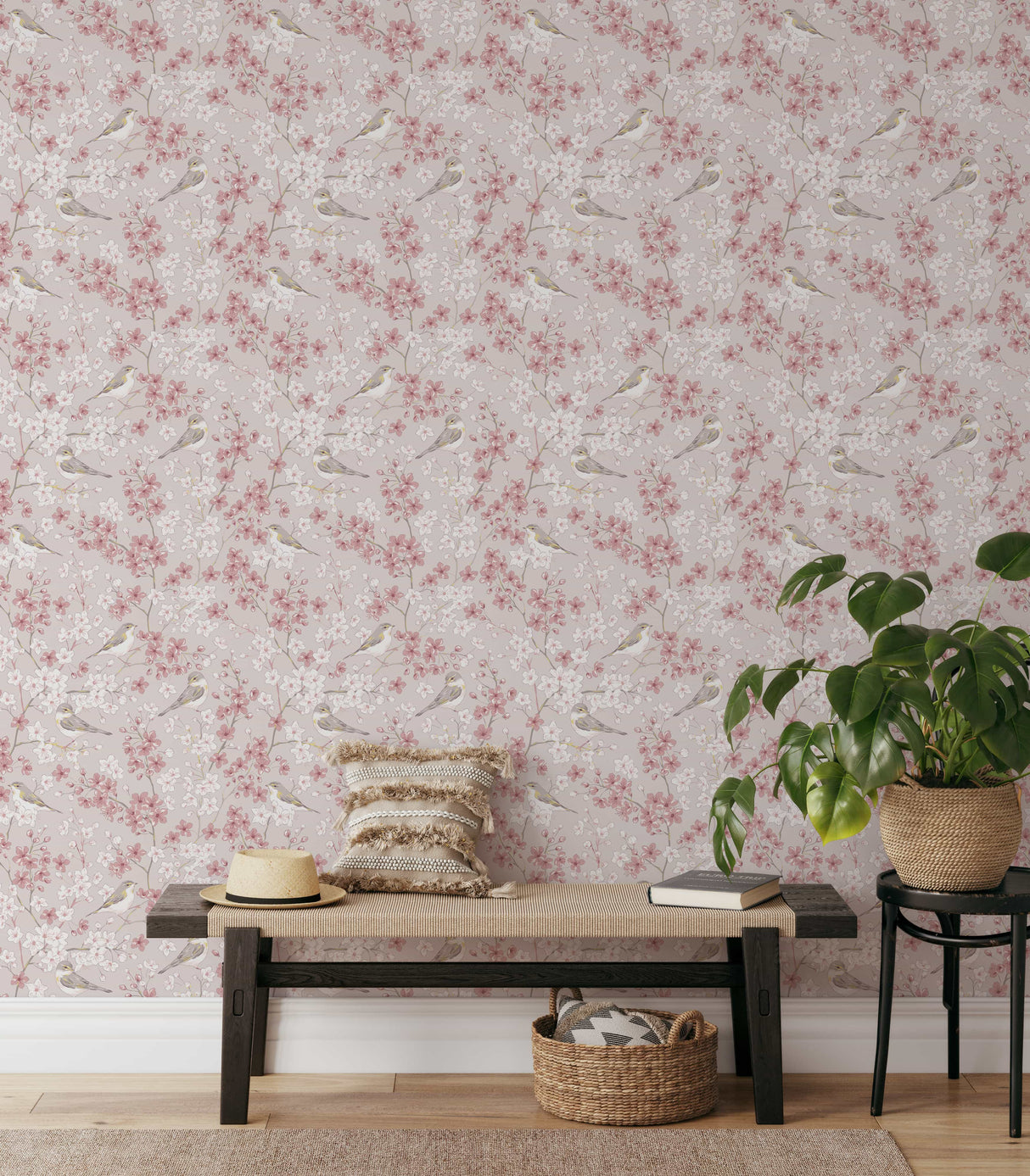 Cherry Blossom Wallpaper with Willow Warbler Birds