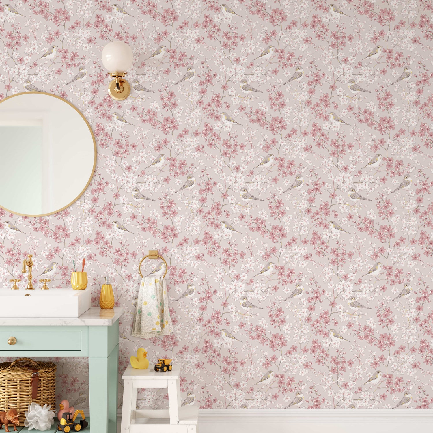 Cherry Blossom Wallpaper with Willow Warbler Birds