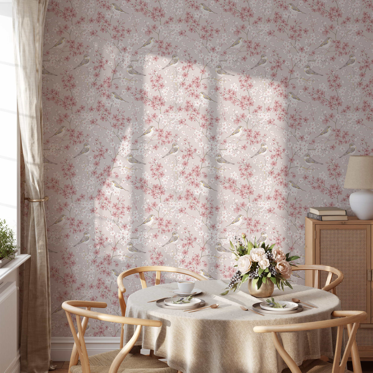 Cherry Blossom Wallpaper with Willow Warbler Birds