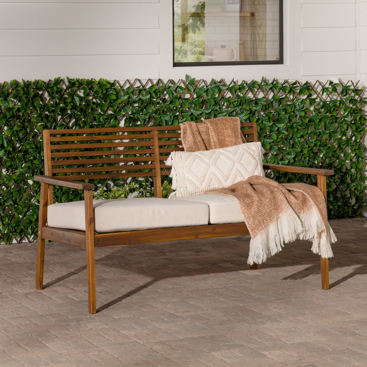Zander Mid-Century Modern Acacia Outdoor Slat-Back Loveseat