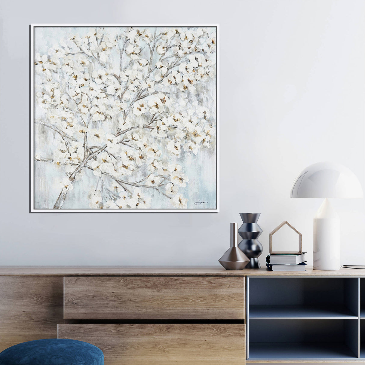 Hand Painted Acrylic Wall Art White Flower Tree on a 39 x 39 Square Canvas with a White Wooden Frame