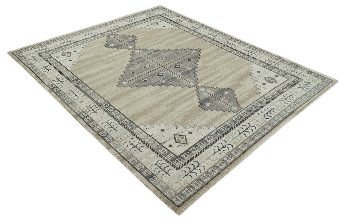 All Natural Wool Hand Knotted Gray , Beige and Ivory Traditional Heriz Serapi Multi Size wool Area Rug, Kids, Living Room and Bedroom Rug
