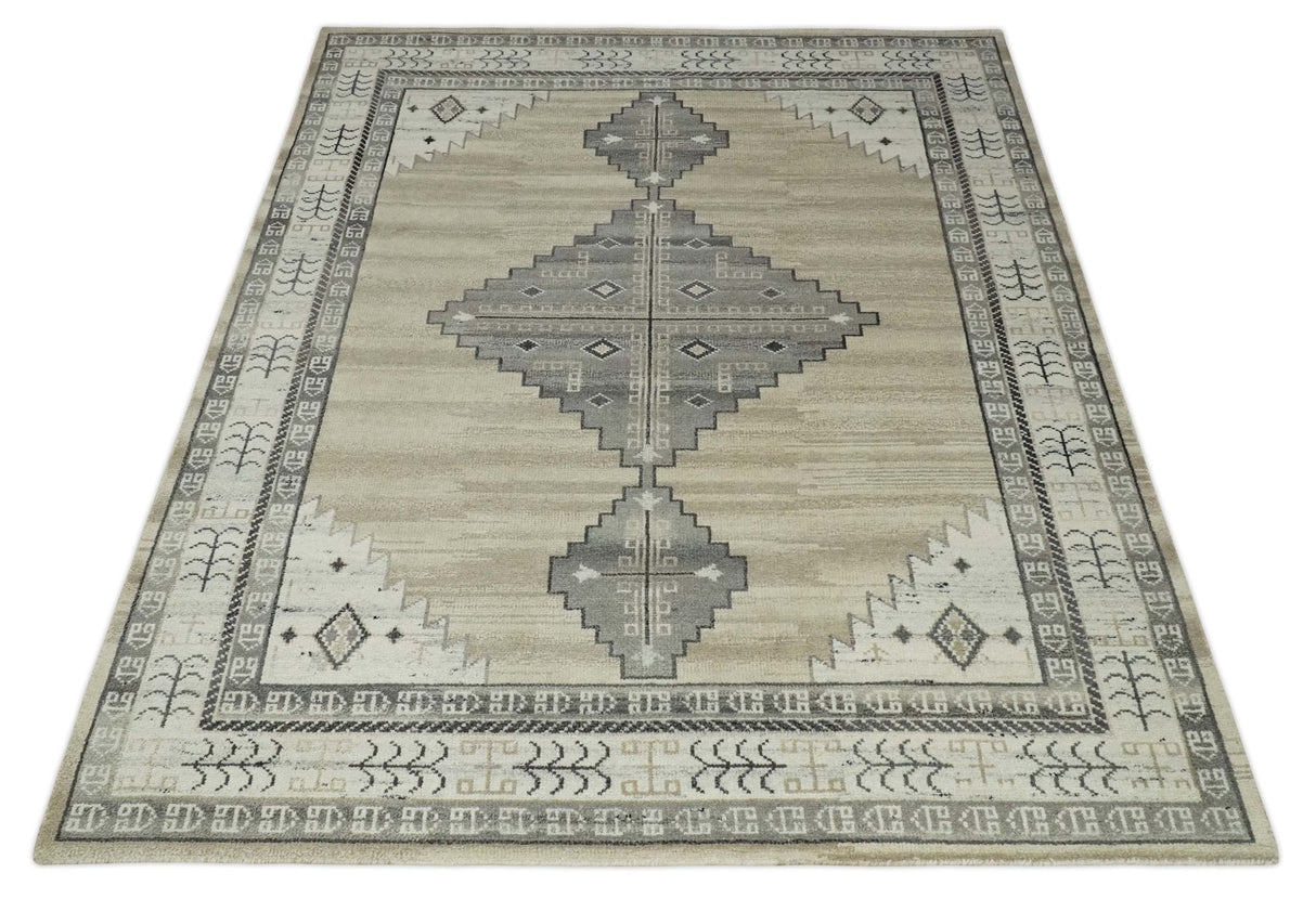 All Natural Wool Hand Knotted Gray , Beige and Ivory Traditional Heriz Serapi Multi Size wool Area Rug, Kids, Living Room and Bedroom Rug